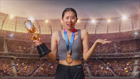 atleta decepcionado con trofeo y medalla en un estadio