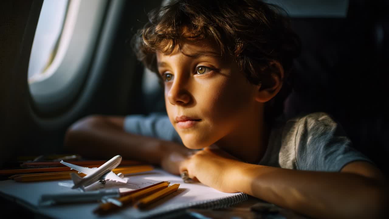A Young Boy Gazes Thoughtfully Out the Window of an Airplane, Surrounded by a Notebook and Model Airplanes, Capturing the Essence of Journey, Imagination, and Wonderment in Aviation