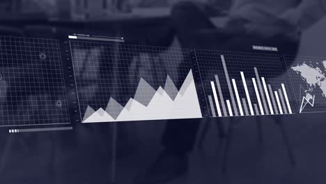 Animation-of-multiple-graphs-and-map-over-midsection-of-businessman-sitting-in-cafes