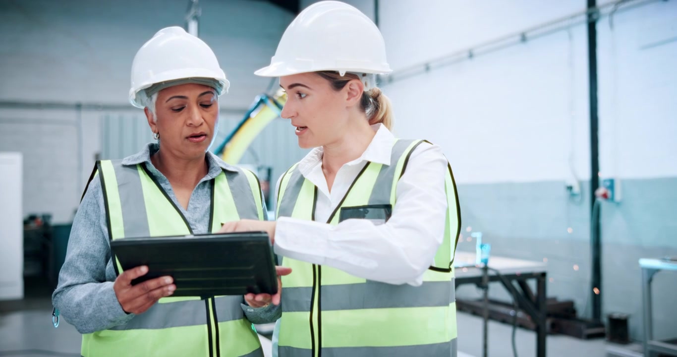 Due ingegnere che discutono di un progetto su tablet in uno stabilimento manifatturiero