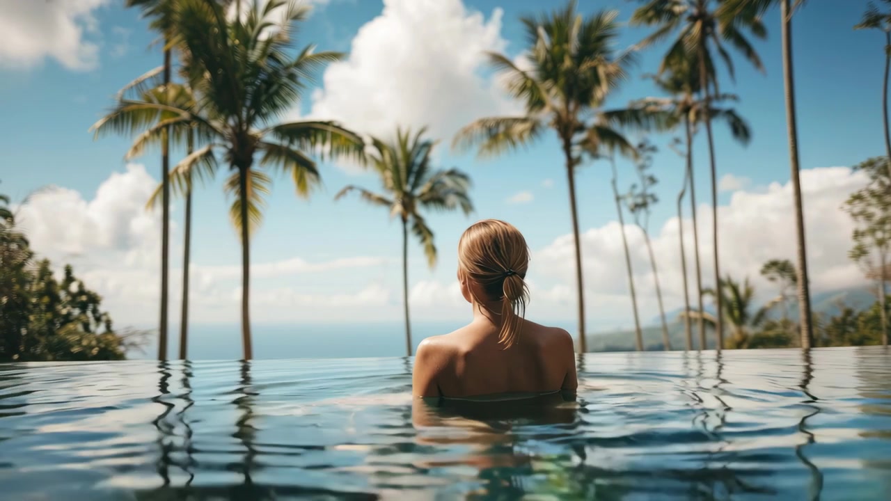 Frau entspannt sich in einem Infinity-Pool mit tropischem Meerblick