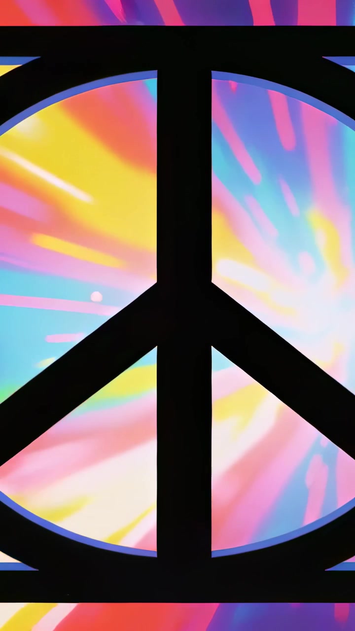 Video verticale: Avvio della riproduzione con effetto tie-dye che si sposta dietro un simbolo della pace sullo schermo, mostrando il bordo e le barre.