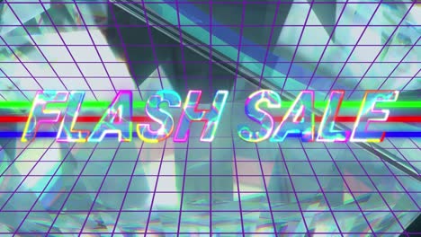 animación de texto de venta flash sobre líneas y cristal brillante.