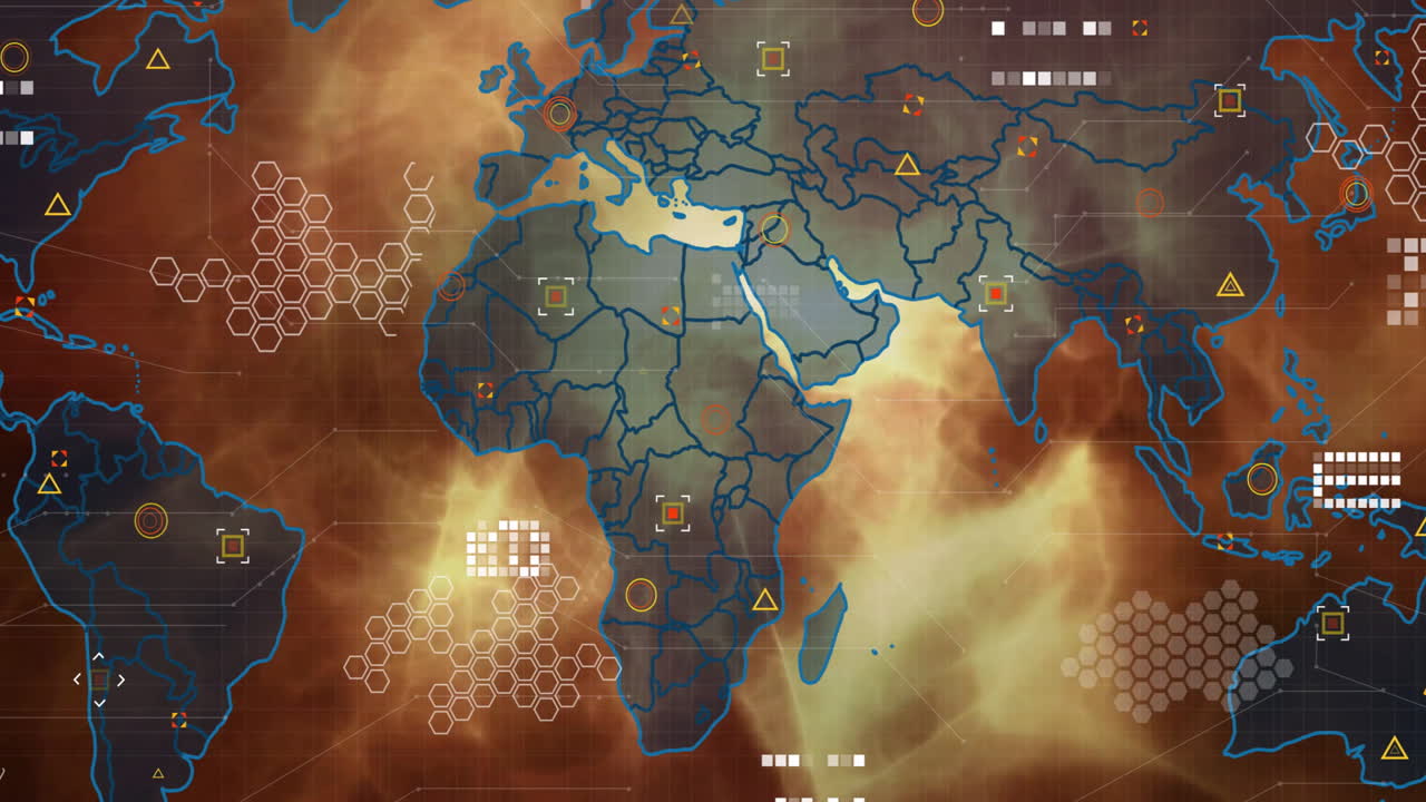 Digital map with geometric patterns and data points creating animation of Africa