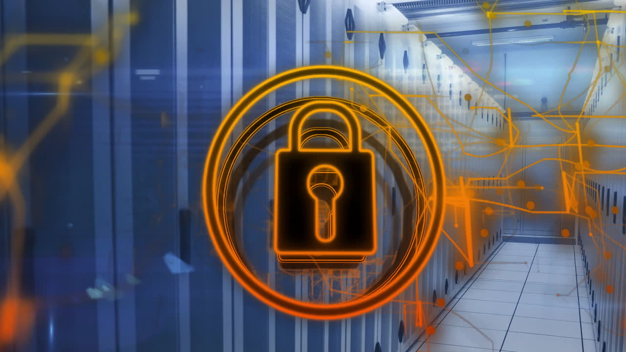 Lock icon animation over server room, representing data security and protection