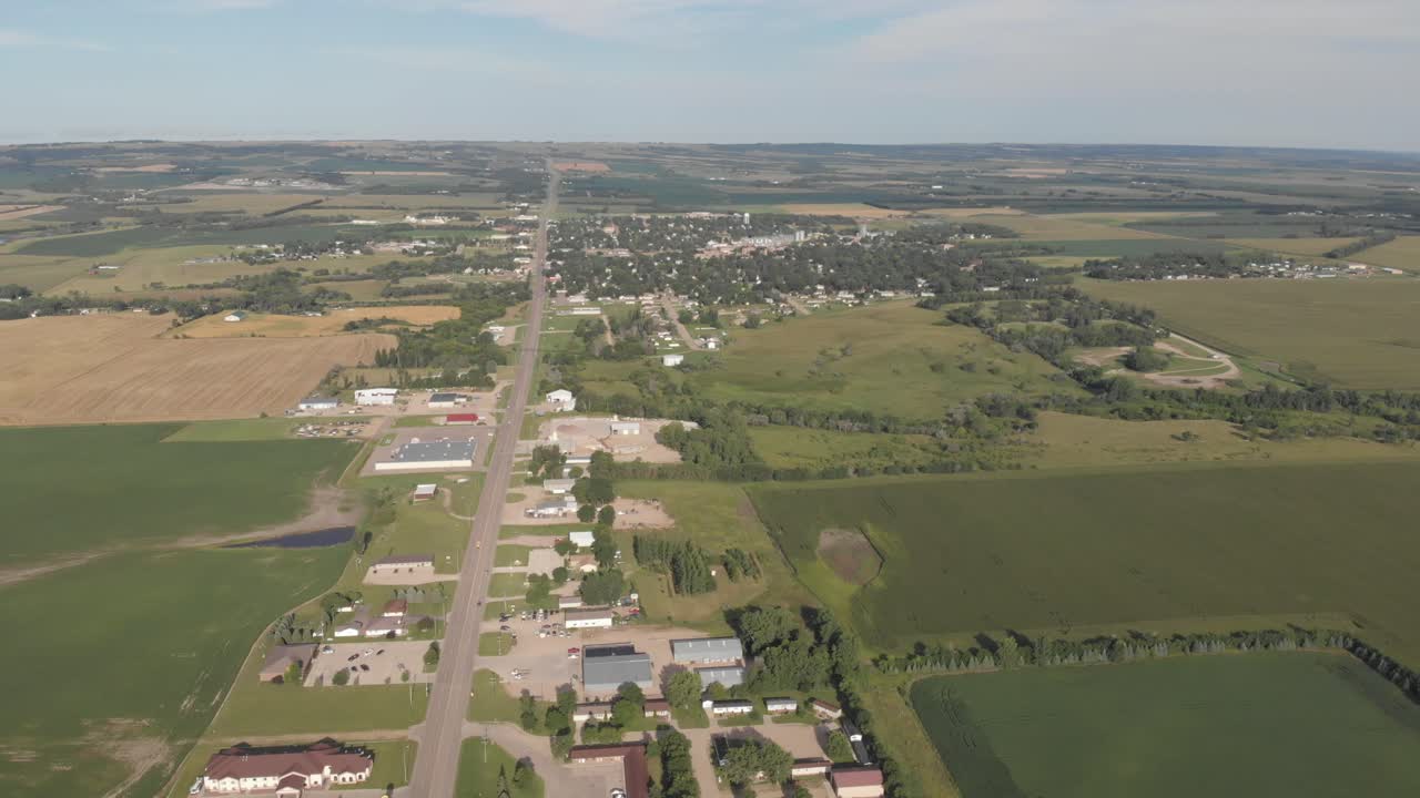 Drone wide shot dolly left over rural town.