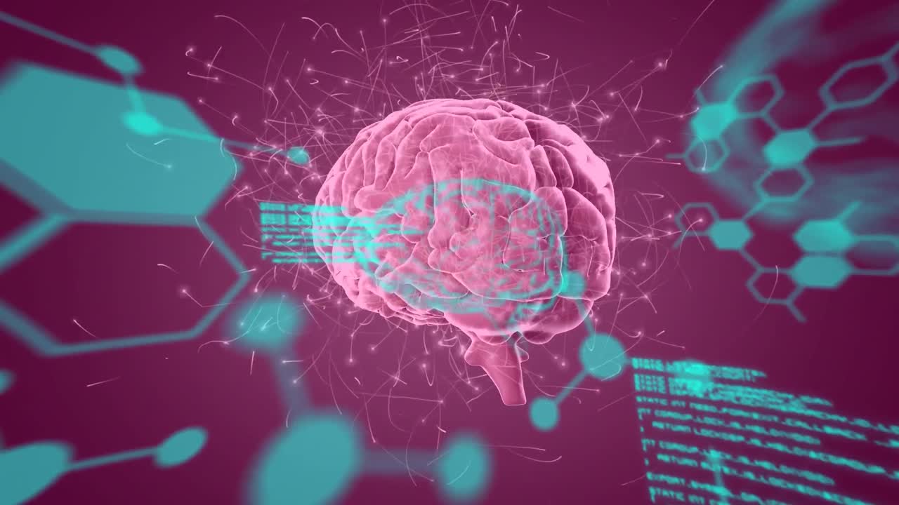 animación de fórmulas químicas y procesamiento de datos sobre conexiones cerebrales y neuronales rotativas