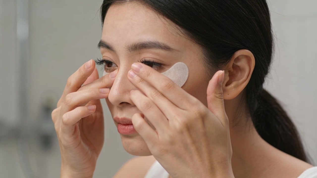 Reaching woman wearing white tank applying gel under eye patches at vanity securing for hydration