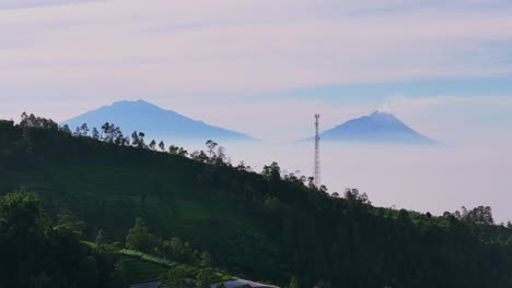 drone view of mountain shrouded in morning mist, seen above cloud cover with a green forested foreground