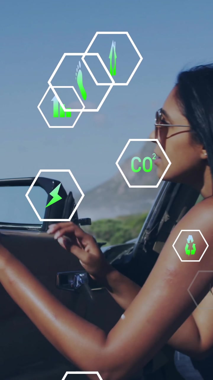Animazione di icone ecologiche sopra una donna che guida un'auto