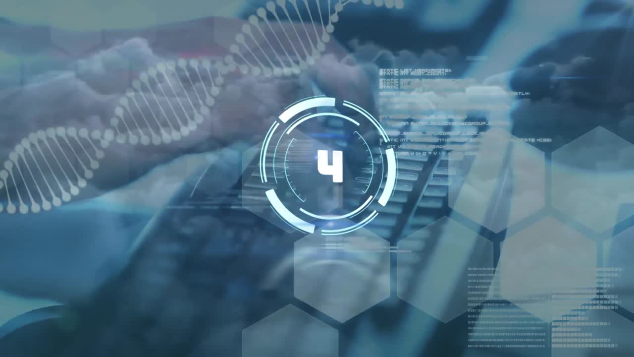 animación del escaneo del alcance, la cadena de adn y el procesamiento de datos sobre las manos escribiendo en el teclado