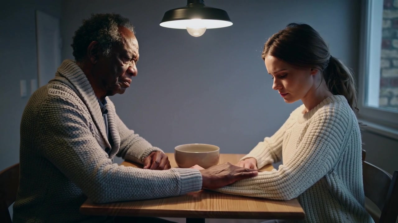 Noticing woman looking down, man reaching across table at home, comforting with bowl, cardigan