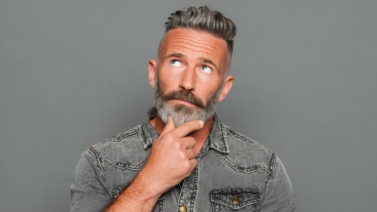 A Thoughtful Man Pondering Ideas with a Neutral Expression and Gesturing Thoughtfully Against a Simple Gray Background