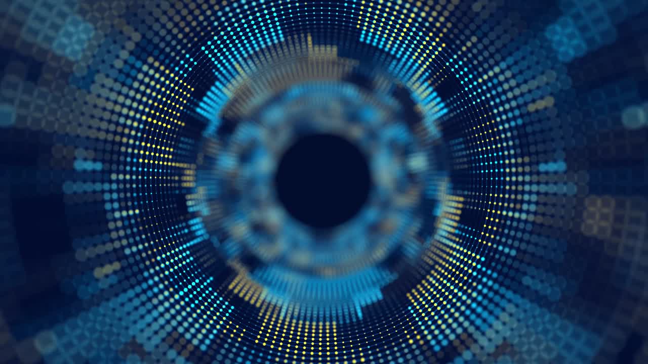 túnel futurista. agujero de gusano. abstract digital portal azul y amarillo en fondo oscuro. big data. bucle sin costuras.