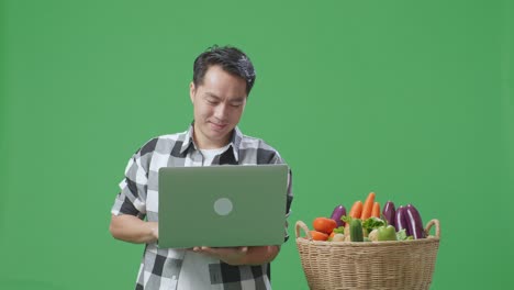 야채 바구니 를 가진 노트북 을 사용하는 사람