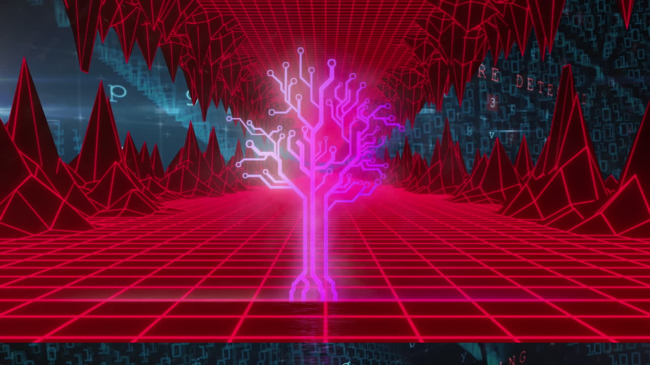 Animation of digital tunnel with tree and data processing over blue background