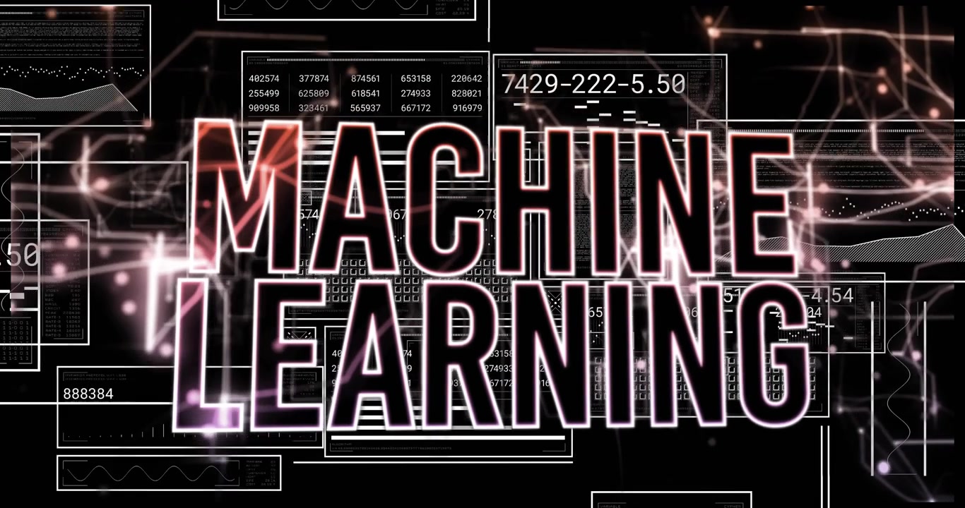 MACHINE LEARNING text floating over digital panels, displaying numeric grids and glowing nodes