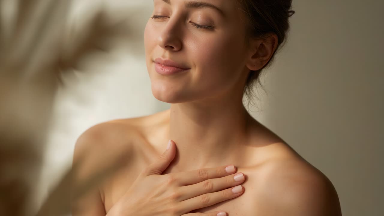 Donna che respira, con la mano destra sul petto in una stanza con illuminazione soffusa, che indossa un asciugamano con l'ombra di una pianta