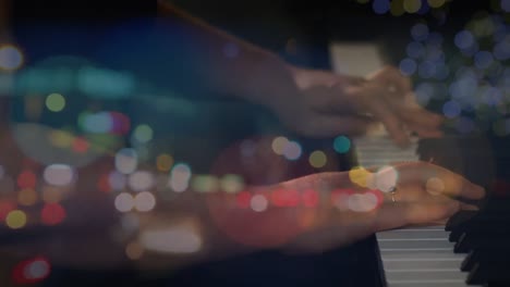 animation of road at night over caucasian man playing keyboard in music band