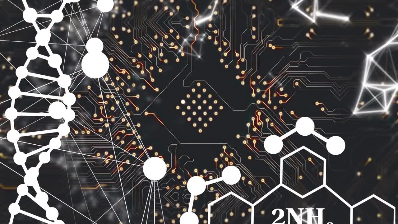 검은 바탕에 있는 컴퓨터 회로판 위에 있는 dna 가닥과 화학 공식의 애니메이션
