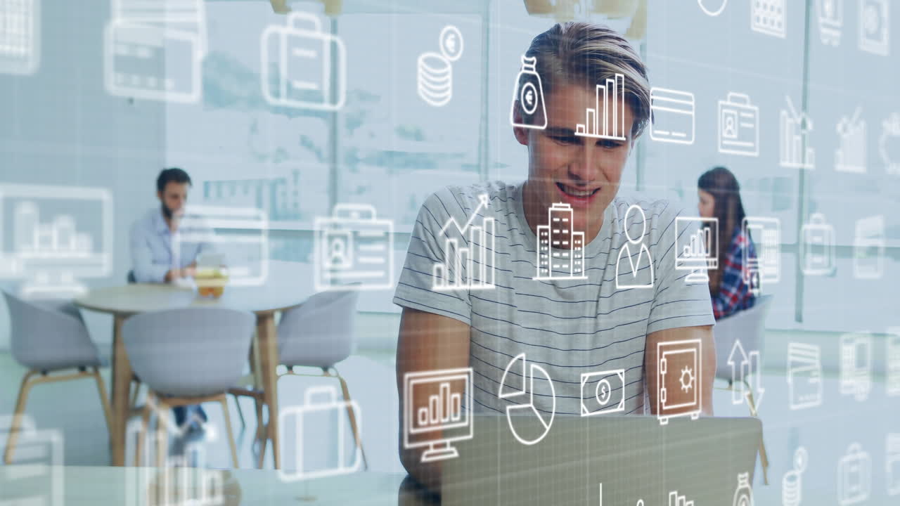 animación de iconos de negocios sobre colegas caucásicos haciendo videoconferencia en la oficina