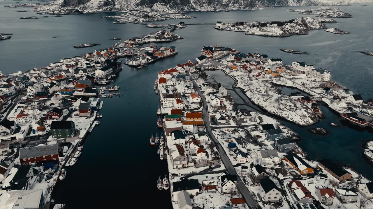 Aerial View Over Henningsvaer Fishing Village In Winter In Vågan Municipality, Nordland County, Norway - Drone Shot