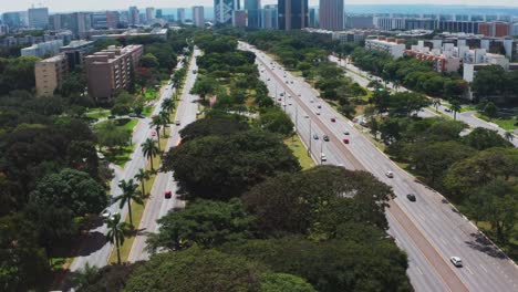 traffic at downtown highway, south wing asa sul,wide aerial shot