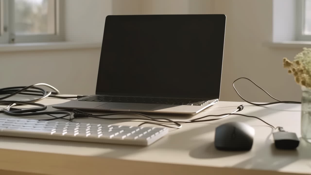 明るいオフィスでデスクに置かれたモダンなノートパソコンとコンピューター周辺機器