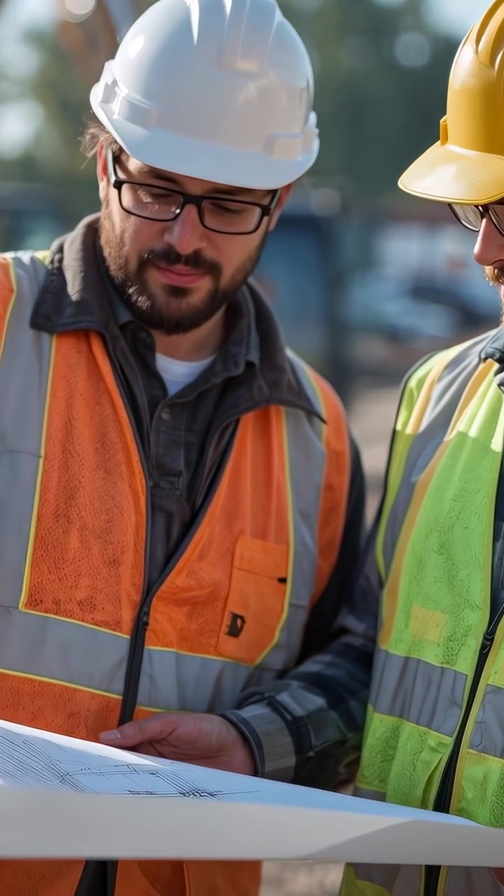 Vertical video: Pointing left man tracing blueprint, right man holding plan on site, planning work