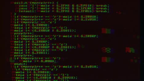 deliberate heavy distortion effect: downward scrolling of source code instructions, green scrambled text over a black background, with glitches as element of chaos and disruption