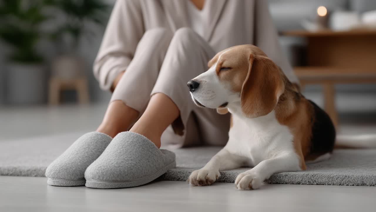 Un momento di pace: un’accogliente scena al chiuso di una donna e del suo cane beagle che si rilassano insieme su un tappeto morbido, che cattura comfort e compagnia