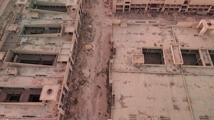 Ripresa aerea dall’alto di un incrocio abbandonato all'interno di un complesso di cemento incompiuto, con cumuli di macerie, colonne a vista, materiali sparsi e strade di accesso vuote: concetto di degrado urbano e ispezione