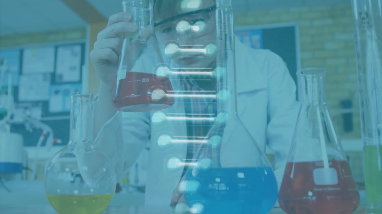 Child reaching for tube in lab, mixing red into blue flask, observing reaction with DNA animation
