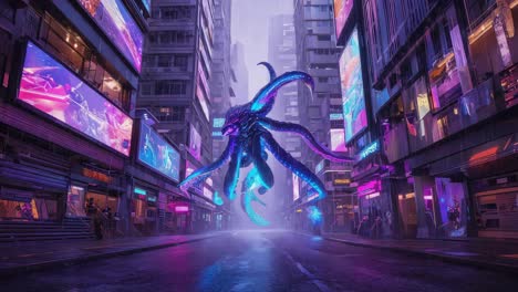 cyberpunk city with monster