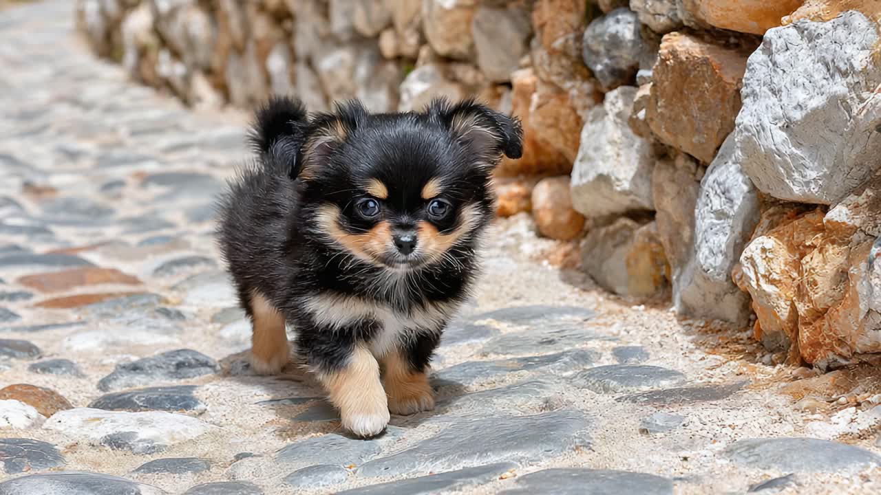 Adorable Black and Tan Puppy Joyfully Running Along a Cobblestone Path, Sporting a Fluffy Coat and Bright Eyes, in a Charming Outdoor Setting