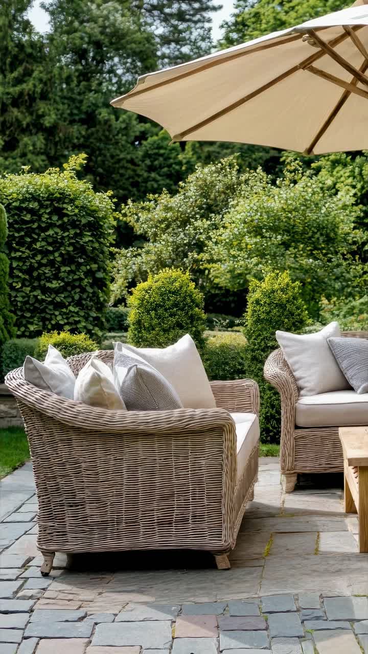 A serene outdoor patio with wicker furniture and cushions, shot from a low angle