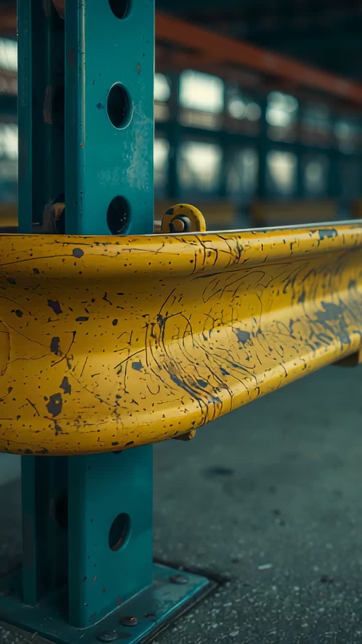 Vertical video: Moving camera following yellow rail by teal post, warehouse showing bolts and depth