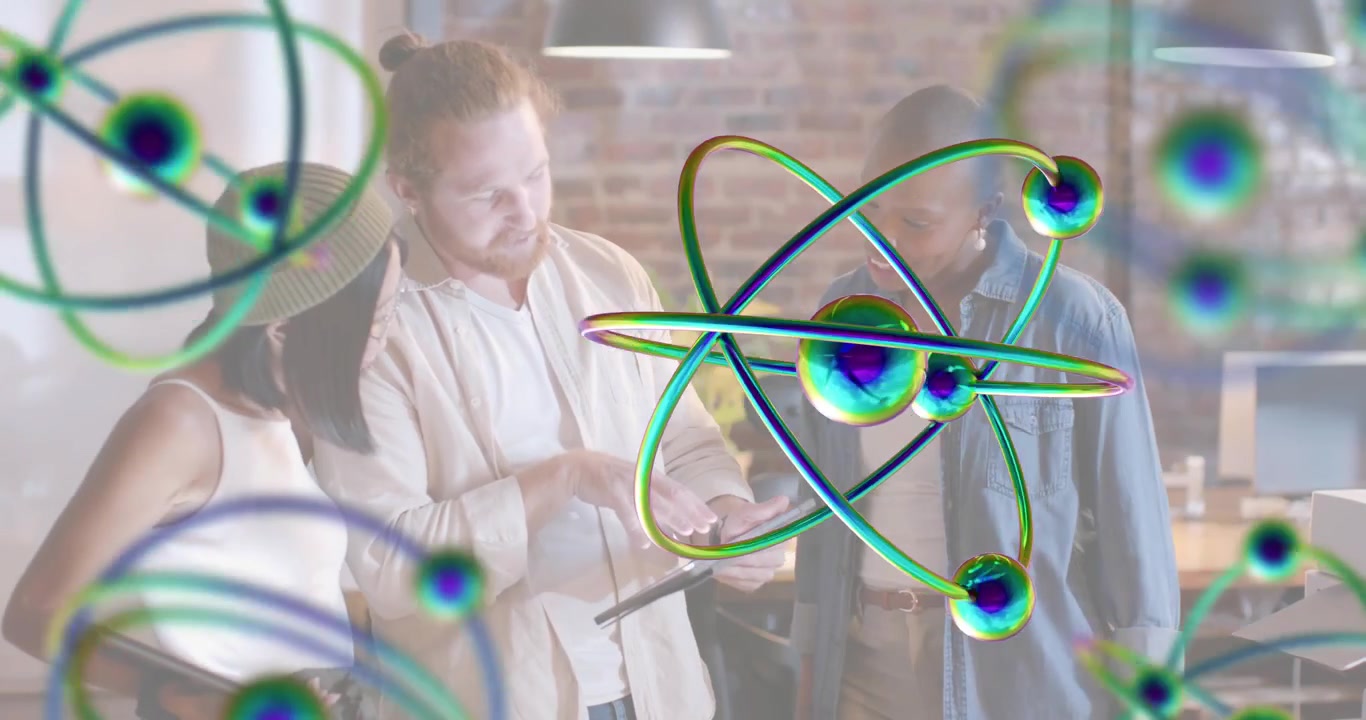 White man tapping tablet and initiating animated chart while creative team reviewing details