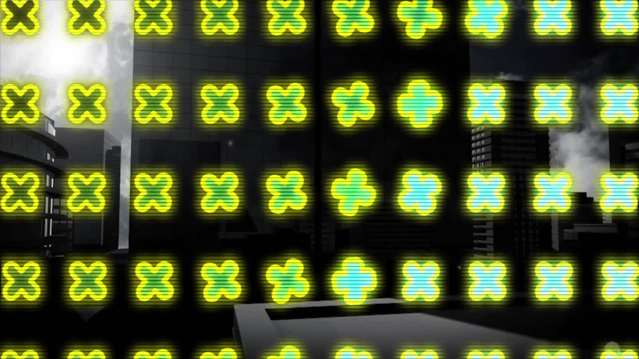 都市風景の背景に回転する緑の十字架のアニメーション