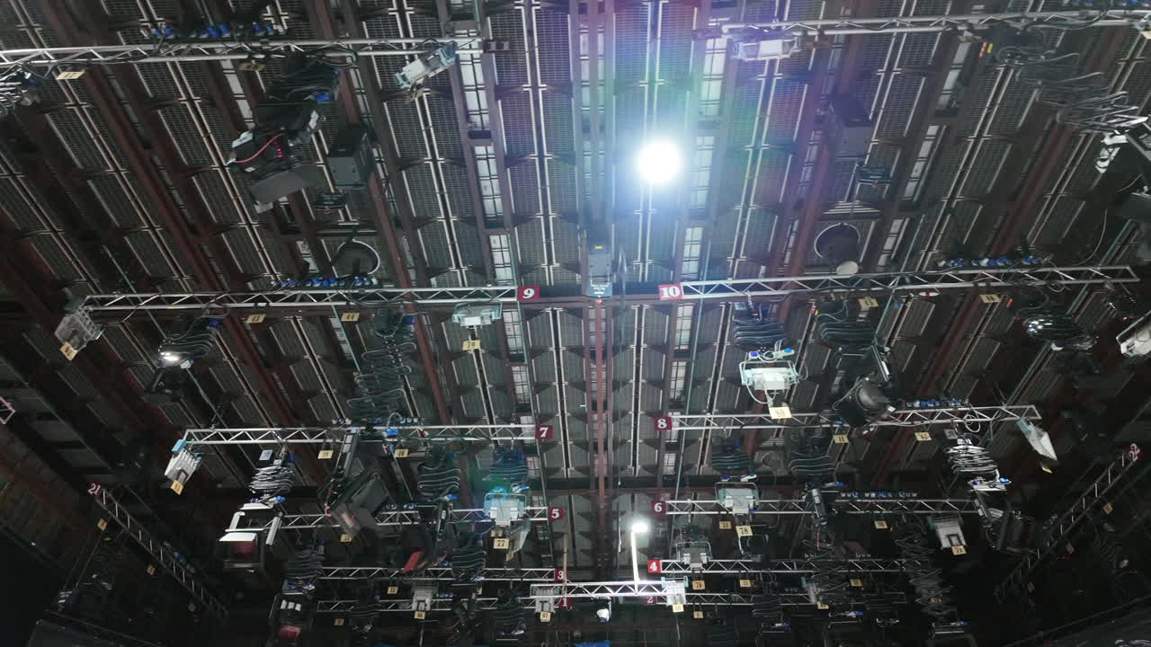 Flashing studio lights equipment on the ceiling of a TV set