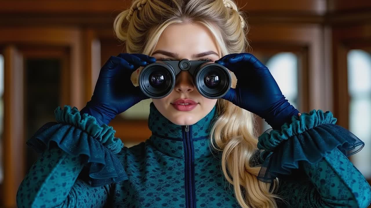 A woman in a blue dress and blue gloves looking through binoculars