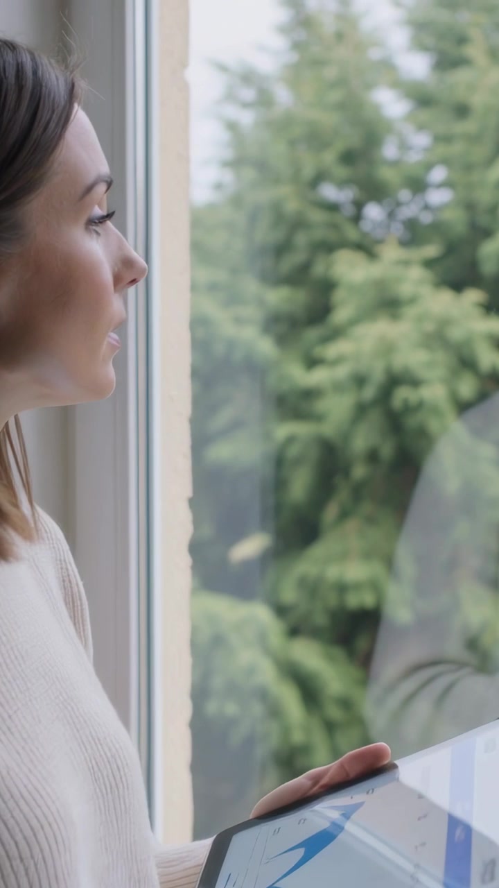 Vertical video: Reading blue chart, woman in sweater with tablet at window, looking up, reflecting