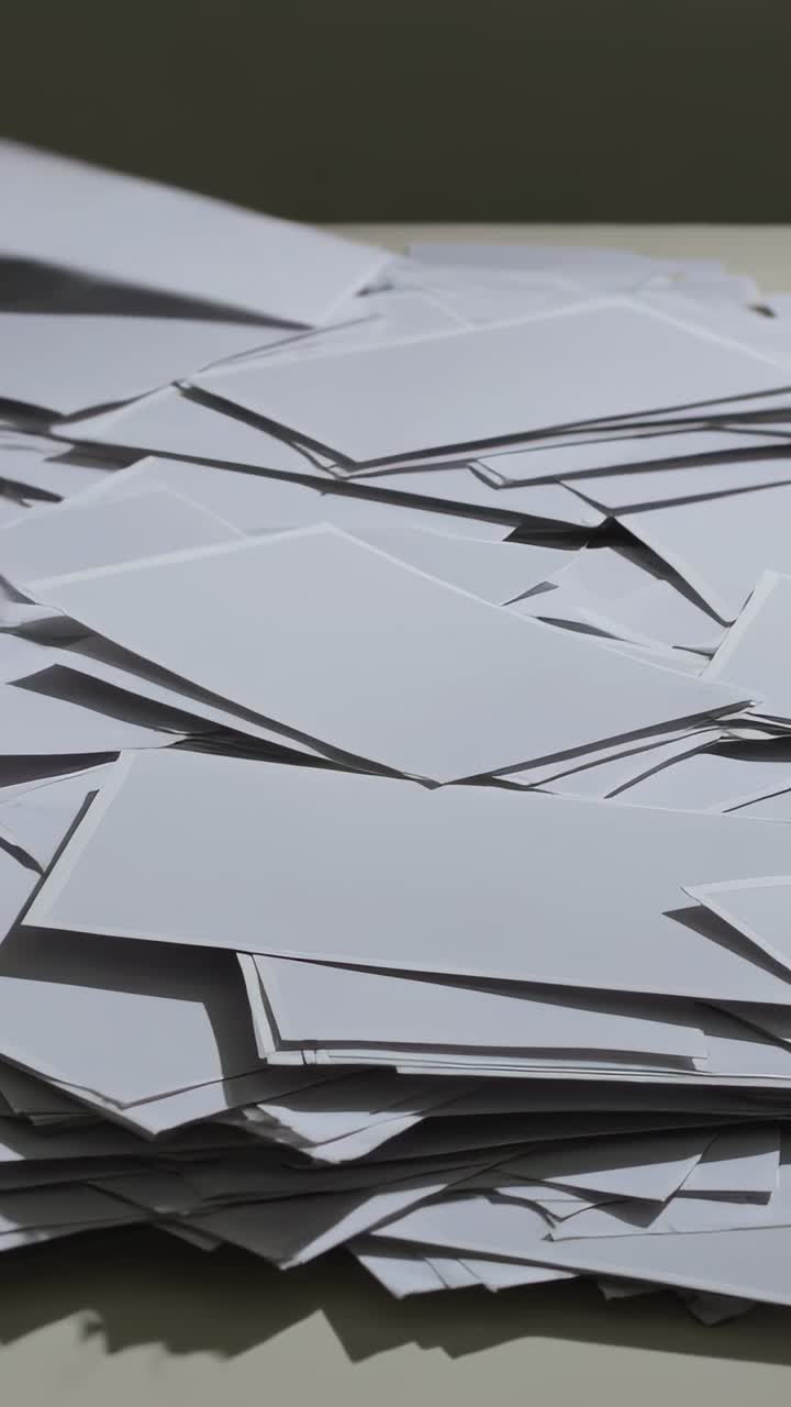 Vertical video: Sweeping blurred hand disturbing stacked cards on light tabletop, scattering papers