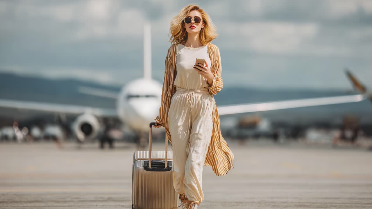 Stylish Traveler Strolling Through Airport Runway: A Confident Woman with Luggage and Smartphone in Hand Ready for Adventure