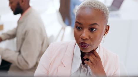 office, work and black woman at computer thinking
