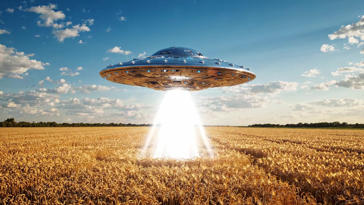 A Mysterious UFO Hovers Over a Golden Wheat Field, Emitting a Brilliant Beam of Light Into the Sky, Capturing the Wonder of Extraterrestrial Encounters