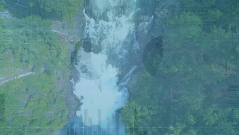 flowing waterfall in forest with animation of data visualization overlay