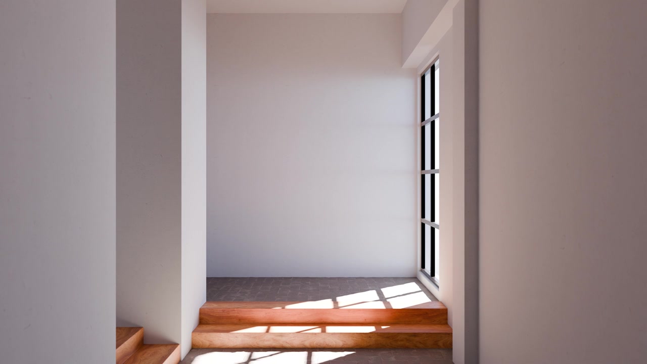 Corridoio moderno vuoto con gradini in legno e luce solare naturale