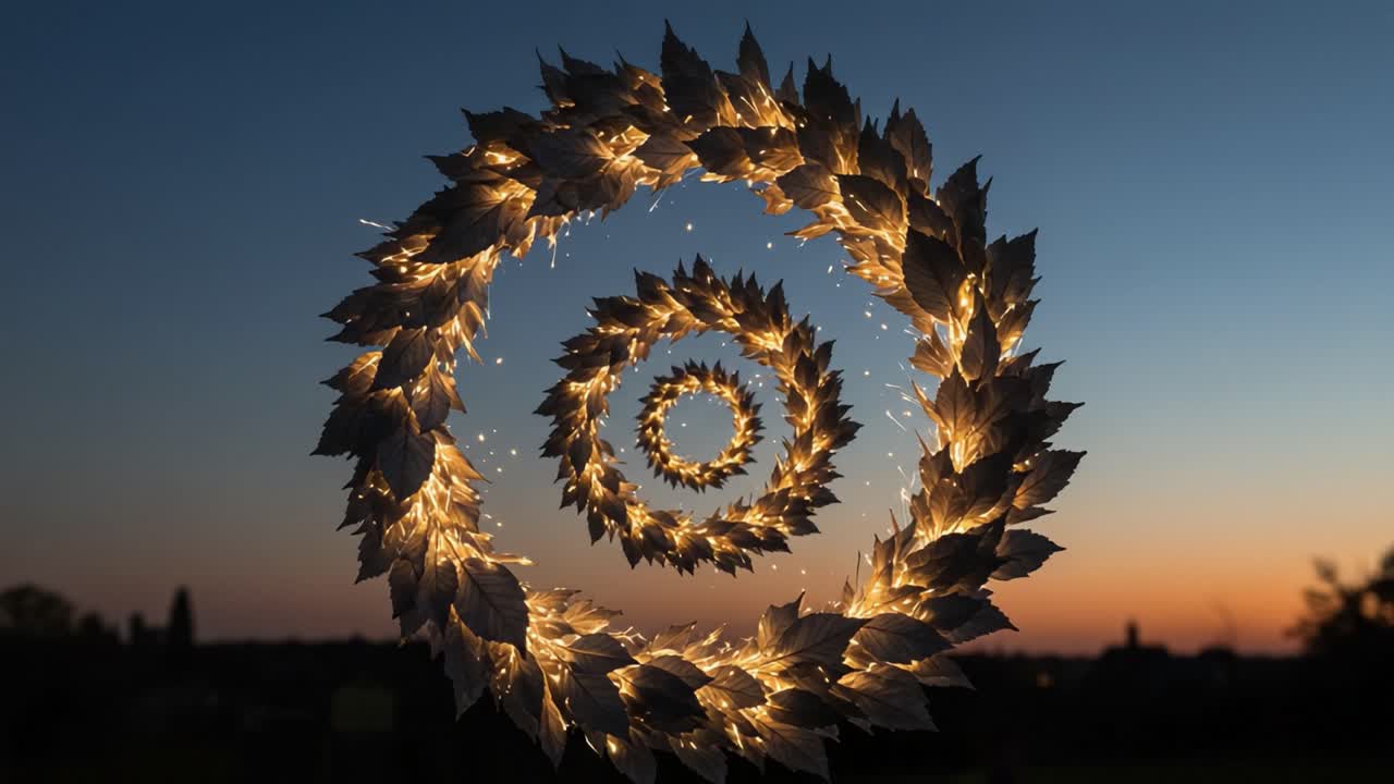 A Mesmerizing Spiral of Leaves Illuminated by Glowing Sparks Beneath a Beautiful Sunset Sky, Capturing the Essence of Nature's Vibrancy and Artistic Expression