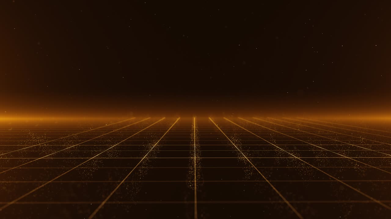 gold particles abstract background with shining golden floor particles stars dust flare perspective grid. Futuristic glittering fly movement flickering loop in space on black background.